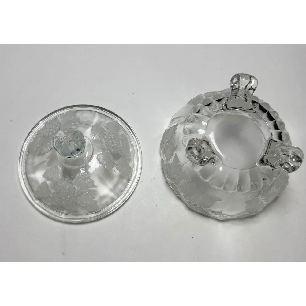 Vintage Westmoreland Paneled Grape Leaf Clear Glass Footed Candy Dish with Lid